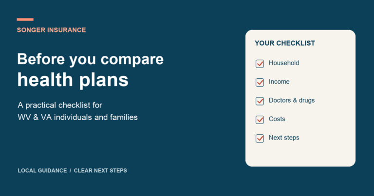 Health plan preparation checklist: household, income, doctors and drugs, costs, and next steps.
